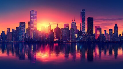 Fototapeta premium Vibrant Cityscape at Sunset: A Stunning Panorama of Urban Skyline Reflected in Calm Waters
