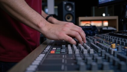 Hands Adjusting Audio Mixer in Modern Music Studio with Equipment and Speakers