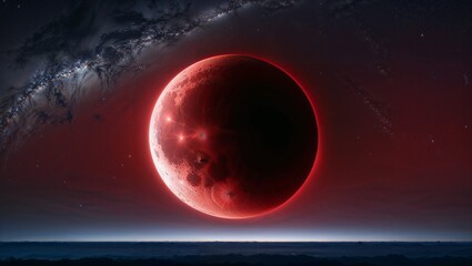 Blood Moon Eclipse Under a Starry Sky. A mesmerizing lunar eclipse where the Earth's shadow slowly covers the Moon, turning it into a deep, reddish hue known as the 'Blood Moon.' The night sky is fil 