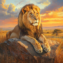 Obraz premium A majestic male lion with a golden mane, lying on a large rock, basking in the warm glow of an African sunset, with golden grasslands and distant acacia trees in the background. 