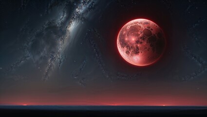 Mystical Night of the Lunar Eclipse. A mesmerizing lunar eclipse where the Earth's shadow slowly covers the Moon, turning it into a deep, reddish hue known as the 'Blood Moon.' The night sky is filled