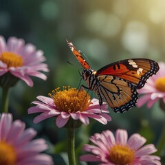 Fototapeta premium A butterfly perched on a flower, delicate and colorful.