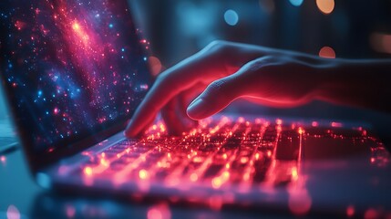 Photorealistic cinematic shot of hand hovering over futuristic digital interface with glowing elements