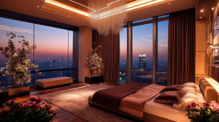 Bedroom interior with bed and large window with a view of skyscrapers
