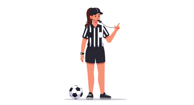 Female soccer referee in striped uniform standing with a whistle minimal vector illustration