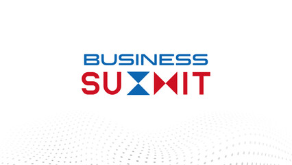 This business summit logo features bold, modern typography in red and blue. The word "SUMMIT" creatively replaces the letter "M" with two geometric triangles, adding a dynamic and professional touch. 