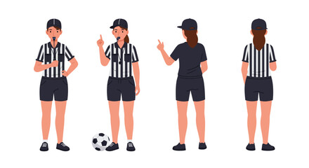 Obraz premium Female soccer referee character in flat design showing different poses in vector art