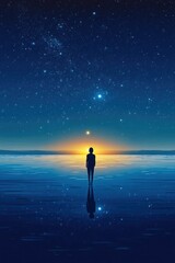 Fototapeta premium A lone figure stands under a starry sky before a bright horizon
