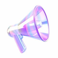 3D holographic metallic megaphone with gradient finish in pink, purple, and blue hues. Glossy announcement symbol with sound wave accents emanating from its opening. 3D illustration.