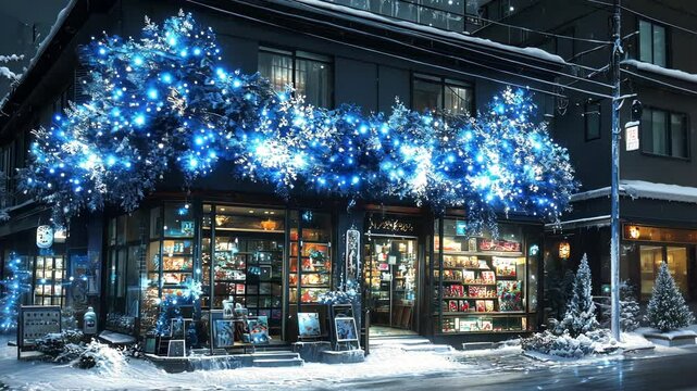 Winter wonderland bookstore at night.  Snowy, festive shopfront with blue lights