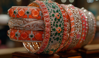 AI generator image of Diamond and gemstone bracelet, multi-colored gemstones.jewelry with thai style,Silver bracelet, ring and earring with stone (pebble)