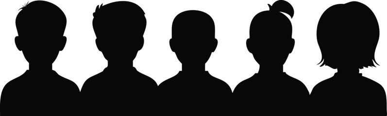 Silhouettes of Five Diverse Children in a Row with Transparent Background