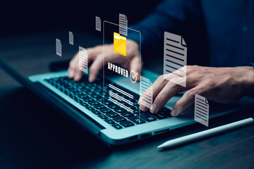 E-document management, online documentation database, paperless office concept, Businessman touching on document for online approve paperless quality assurance and ERP management concept.