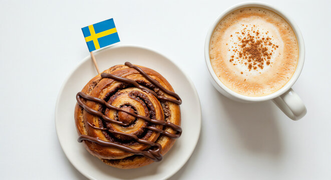 Swedish cinnamon bun with coffee and flag on a white background  