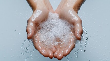 Fototapeta premium Washing hands with liquid soap and bubbles clean environment indoor action refreshing foam and water play