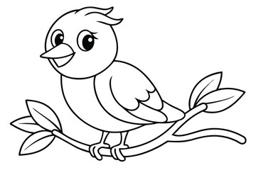 Fototapeta premium Outlined Cute Cartoon Bird Perched on Branch with Leaves on Transparent Background