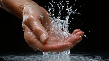 Fototapeta premium Washing hands with liquid soap in a clean environment foam and bubbles creating a refreshing experience