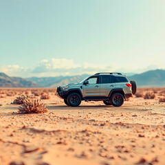 Obraz premium image of a rugged SUV on a vast dry terrain with sparse vegetation, mountains and clouds