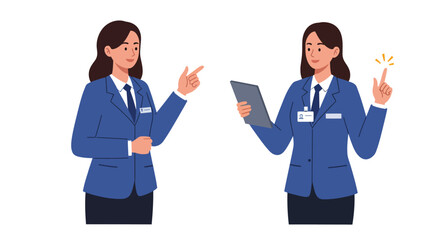 Fototapeta premium Professional woman in blue suit engaging in conversation and presenting information, flat vector illustration