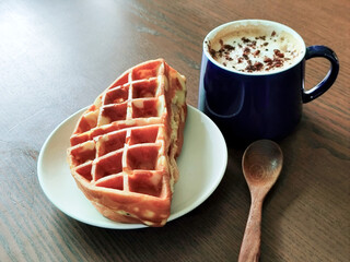 Hot cocoa with ham and cheese waffles
