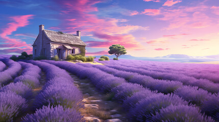 Fields of lavender and an old house in the lavender fields of Provence province, France.