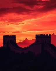 Obraz premium Evening silhouette of the Great Wall against a fiery red sunset