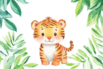 Cute tiger cub surrounded by green leaves in a playful jungle setting for children's art
