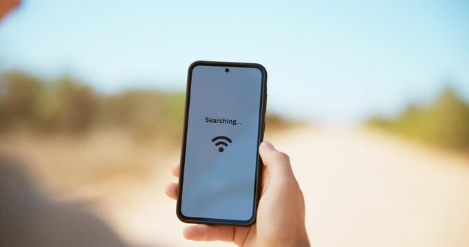 Nature, phone screen and hands of person with no signal, connection issue and networking problem. Service, location and smartphone with notification for emergency, crisis and internet in countryside