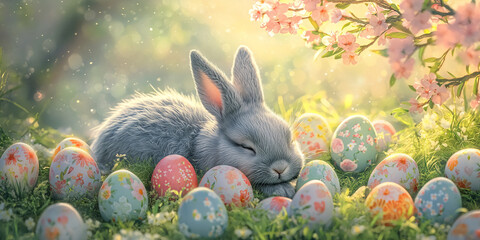 Grey bunny sleeping amidst pastel floral Easter eggs in sunny spring grass, symbolizing Easter, springtime, peace, and new beginnings