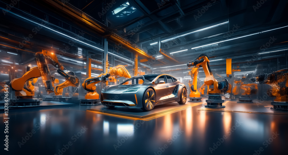 Aufkleber Futuristic factory with robotic arms assembling a sleek vehicle. Automated production line in a modern industrial setting. Manufacturing process.