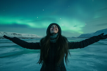 A woman standing on icy terrain, with the Aurora Borealis glowing in the dark Icelandic sky over a frozen lake