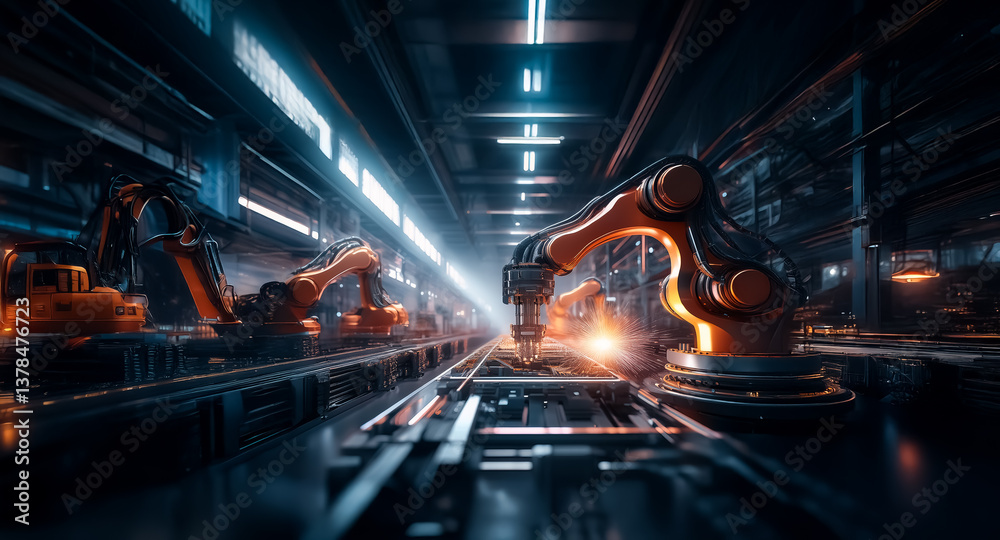 Aufkleber automated factory interior featuring robotic arms working on a production line. the scene is illumin