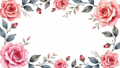 Delicate watercolor roses & leaves, repeating floral design, illustration, stem