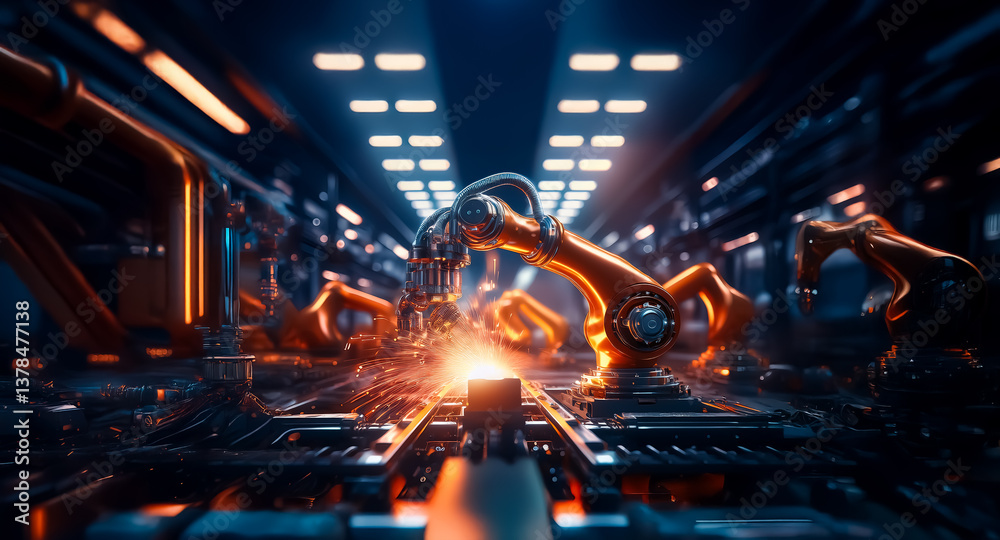 Poster Futuristic factory with robotic arms welding, creating sparks in a high-tech industrial setting with automated machinery and a production line.