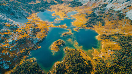 Illustration of a Glacier National Park in Montana, featuring crystal-clear lakes, rugged mountain peaks, and evergreen forests