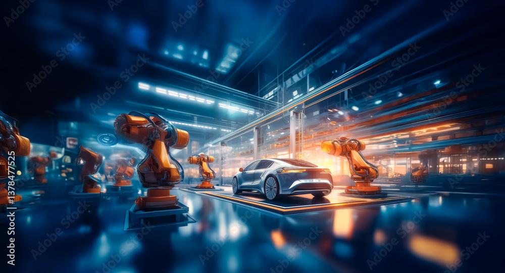 Leinwandbilder futuristic car factory with automated robotic arms assembling a sleek vehicle. bright, modern indust