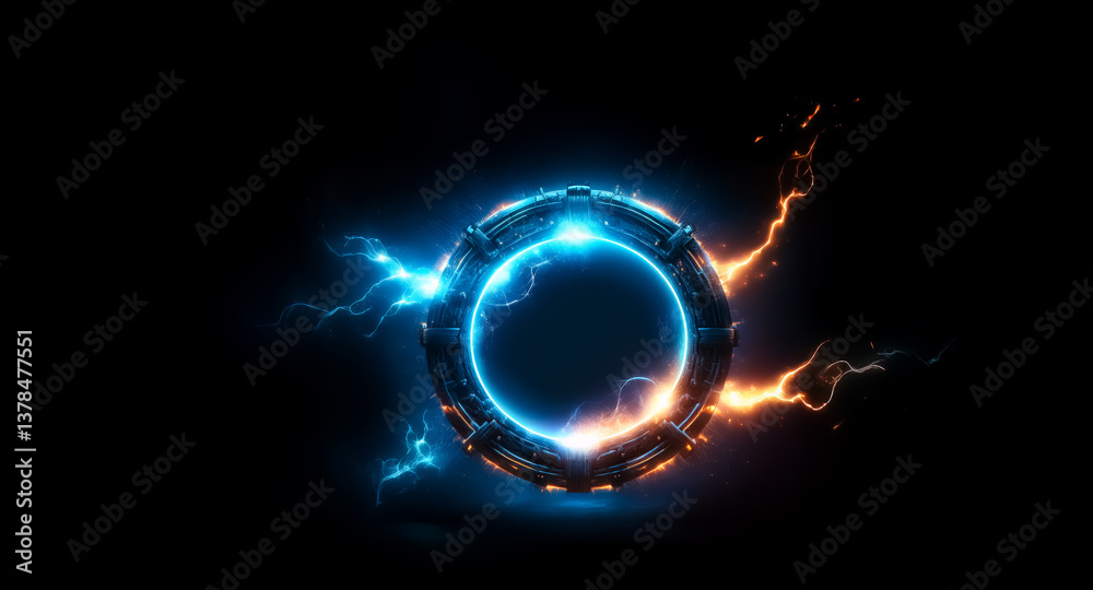 Aufkleber circular metallic object emitting vibrant blue and orange electric arcs against a dark background, c
