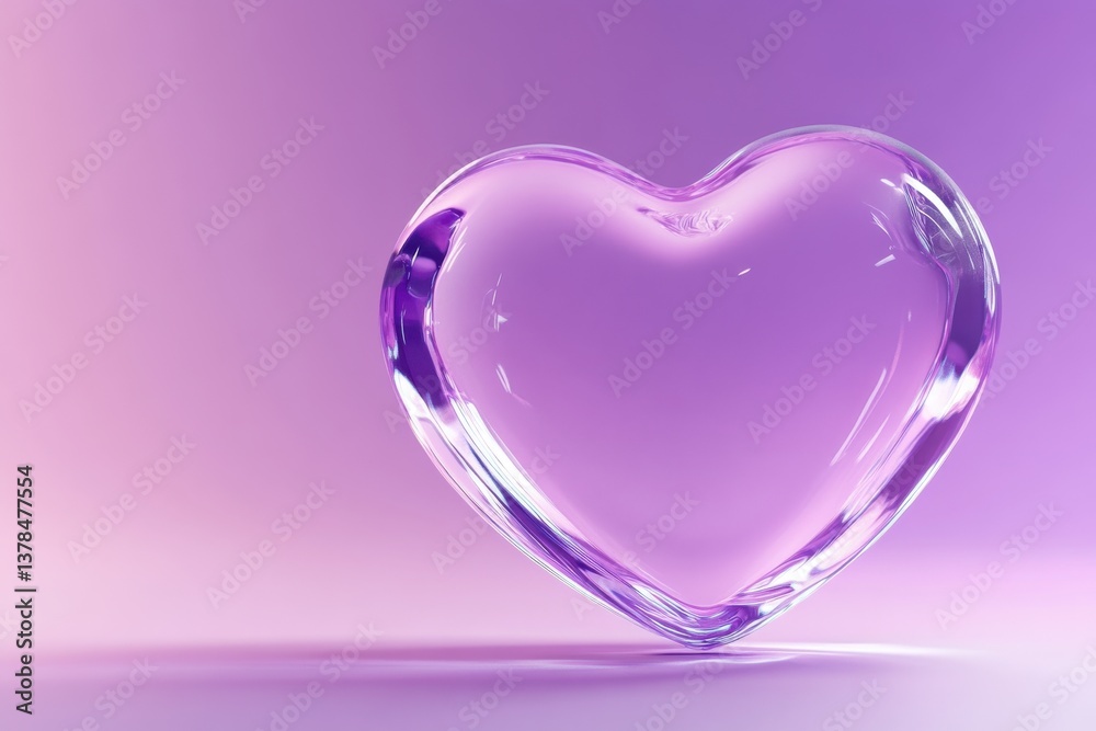 Poster Heart-shaped crystal object reflecting light in shades of purple on a soft gradient background