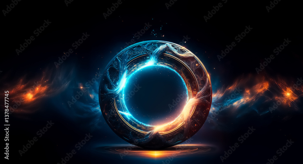 Aufkleber a vibrant glowing ring dominates a dark backdrop, emitting blue and orange light. energy swirls arou