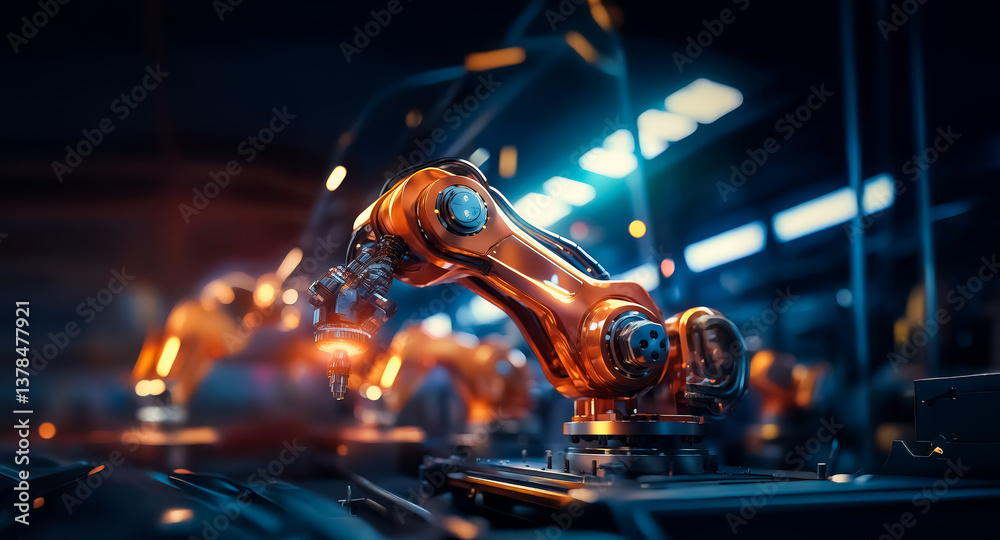 Aufkleber automated robotic arms in a dimly lit factory setting with dramatic orange and blue lights highlight