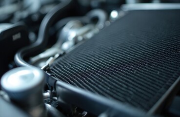 Close-up car cooling radiator with grid pattern. Auto parts for engine temperature control. Automotive cooling system. Black metal grille with coolant pipes. Automotive tech for car maintenance.