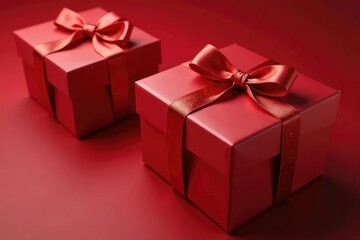 Obraz premium Elegant red ribbon tied gift boxes, gold accents, gold, red