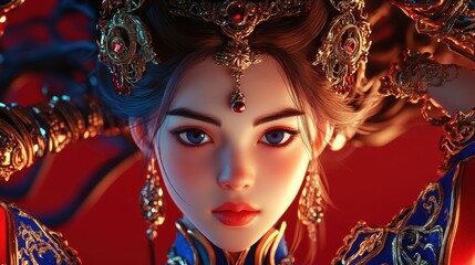 Portrait of a Digital Asian Empress with Intricate Gold Jewelry and Vibrant Blue Eyes
