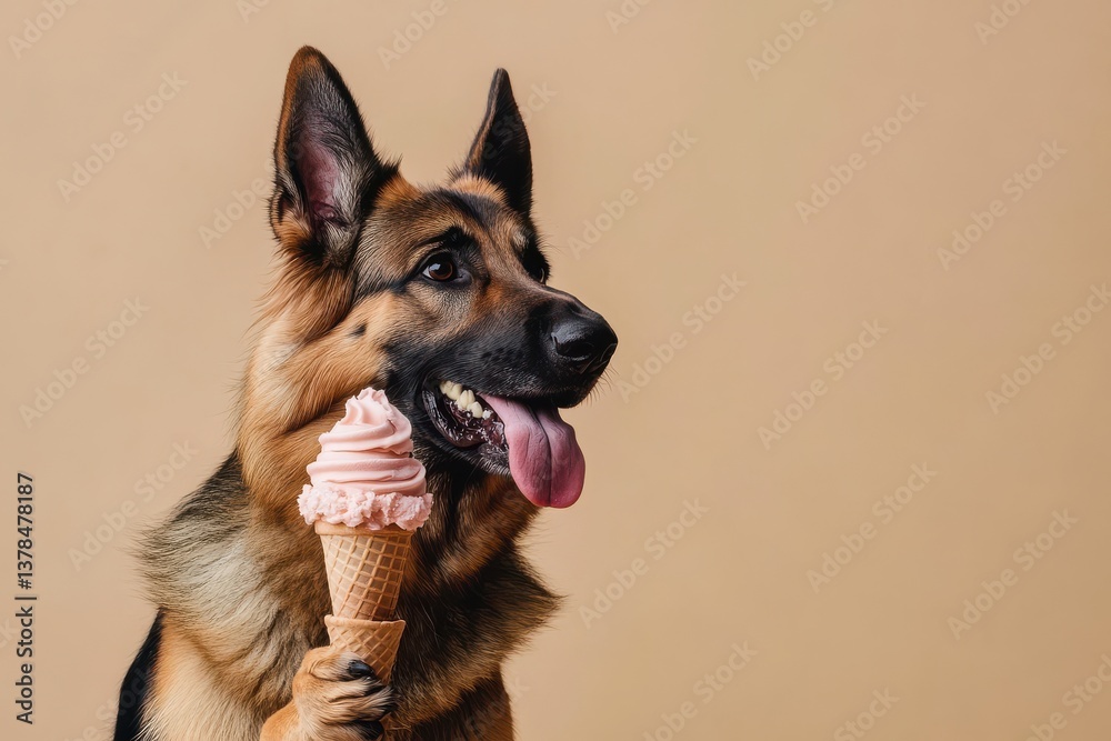 Poster happy dog enjoys ice cream cone with pink swirl on a neutral background during sunny day