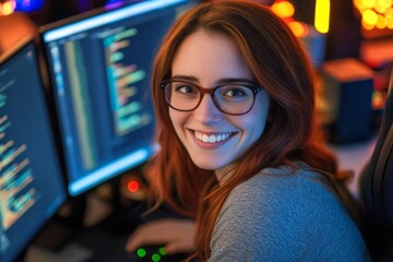 smiling female developer in glasses sitting at a desk with a computer,
