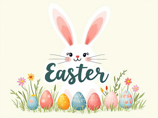 Friendly White Bunny Peeking Behind Colorful Easter Eggs & Flowers | Playful "Easter" Cursive Typography | Concept of Holiday Cards, Spring Branding, Festive Decor