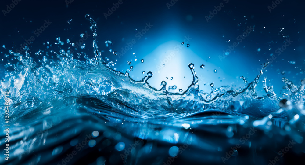 Poster a dynamic shot of water capturing a splash with droplets frozen mid-air, illuminated in shades of bl