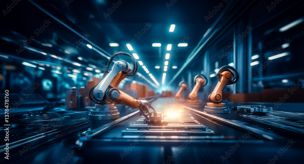 Aufkleber Futuristic factory interior featuring robotic arms working on an assembly line. Advanced technology is visible in the automated industrial setting.