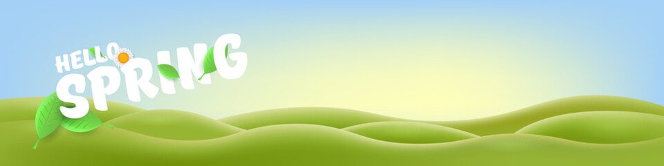 Hello Spring Green Hills Vector Lush Landscape with Cheerful Typography, Bright Seasonal Design for Springtime Greetings and Nature-Themed Projects