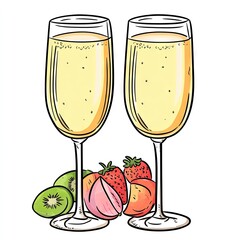 Two champagne flutes filled with bubbly, garnished with fresh fruit